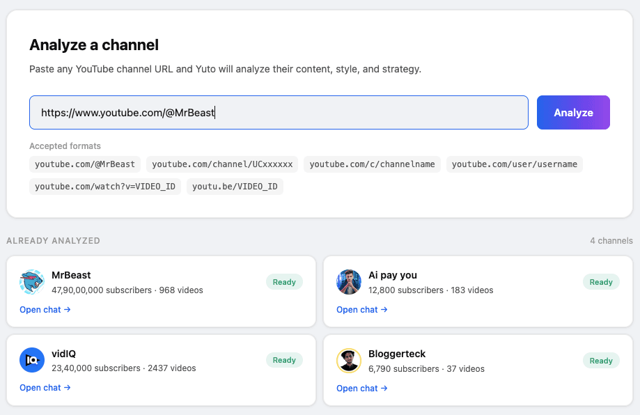 Yuto.pro channel analysis dashboard — analyze any YouTube competitor channel