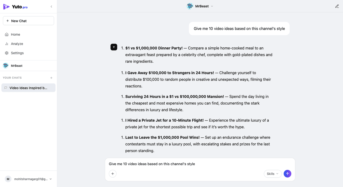Yuto.pro AI chat — generate scripts, titles and hooks in competitor style